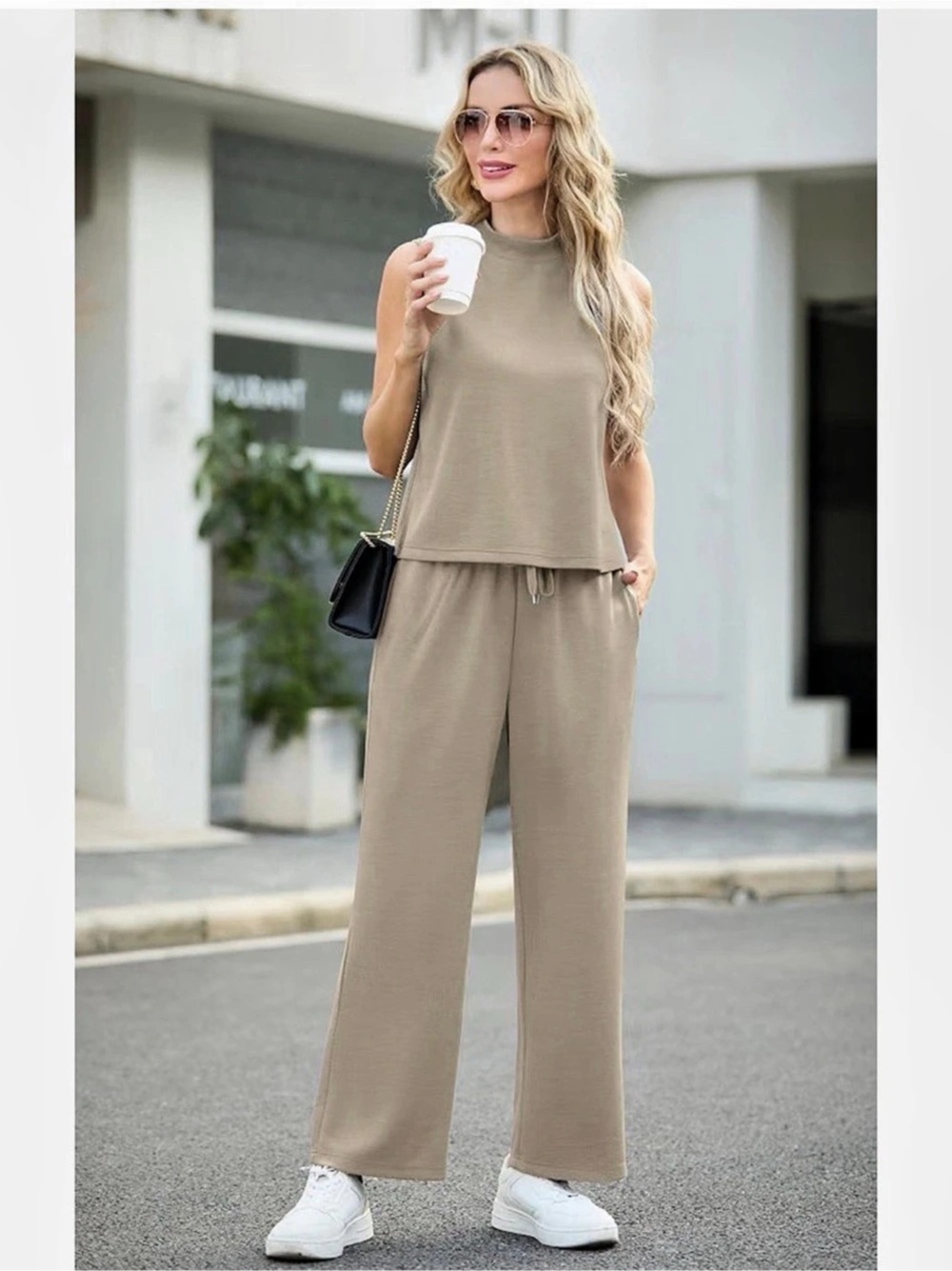 Two Piece Sets for Women Summer Mock Neck Sleeveless Top Wide Leg Pants